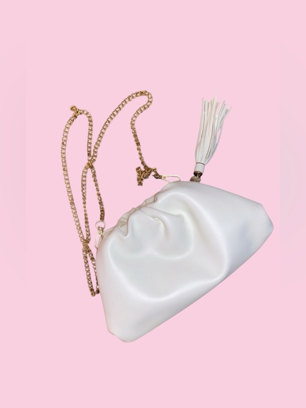 UNDERSTATED LEATHER Purse Clutch Puff Clamshell Bag Chain Strap in Ivory White